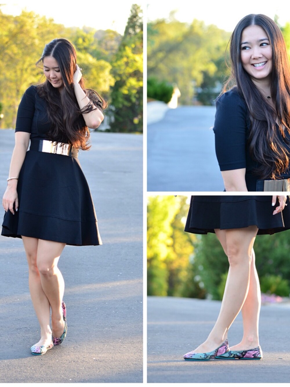 「ballet、BANANA REPUBLIC、chain、dress、earrings、flats、necklace、skater、stud、Tieks」｜Elise Armitageさん（レディース）の秋コーディネートの1枚目の写真