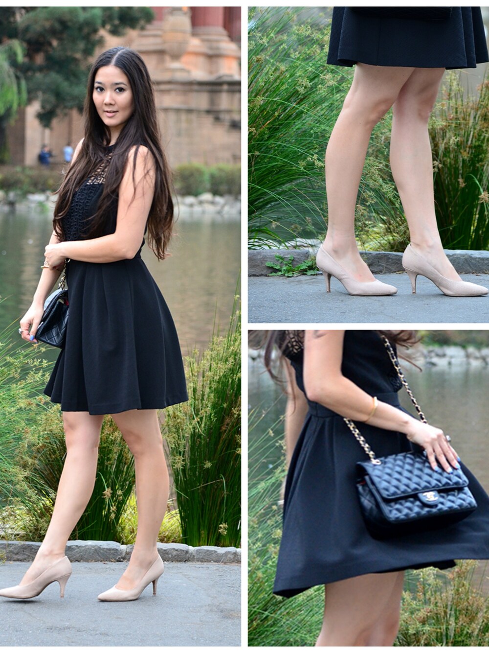 「BAG、bracelet、chanel、cross-body、cuff、dress、heels、pumps、skater、target」｜Elise Armitageさん（レディース）の秋コーディネートの1枚目の写真