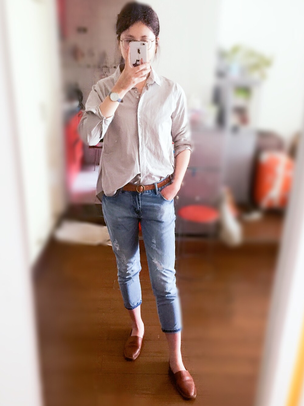 「NOのアイテム（パンツ、ブルー系）」を使った、柒幺儿七さん（レディース・172cm）の春コーディネートの1枚目の写真