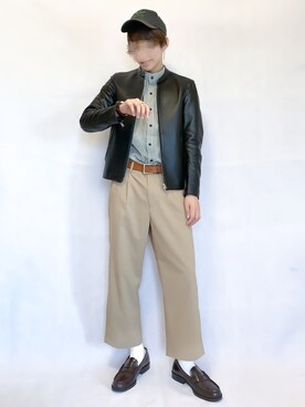 「秋のカフェオレコーデ」｜「アイテム（ライダースジャケット）」を使った、ふじさん（メンズ・170cm）の秋コーディネート