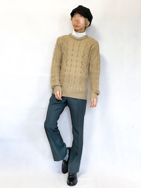 「MONO-MART（モノマート）のオーバーサイズアラン編みクルーネックケーブルニットセーター（ニット/セーター）」を使った、ふじさん（メンズ・170cm）の冬コーディネート