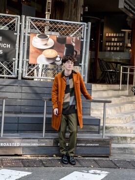 「FACETASM（ファセッタズム）のアイテム（チェスターコート）」を使った、Haruki Tadaさん（メンズ・170cm）の冬コーディネート