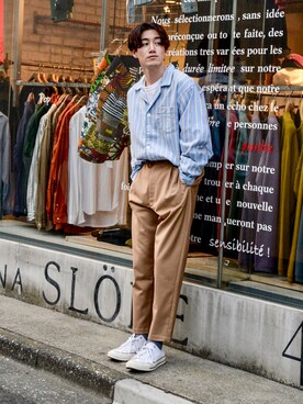 「YANTOR（ヤントル）のアイテム（パンツ）」を使った、Haruki Tadaさん（メンズ・170cm）の春コーディネート