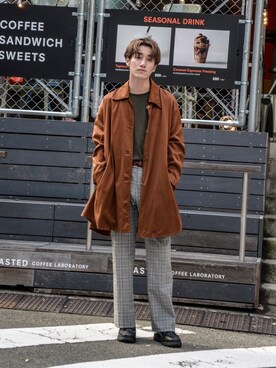 「no brand（ノーブランド）のアイテム（ステンカラーコート）」を使った、Haruki Tadaさん（メンズ・170cm）の秋コーディネート