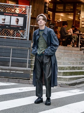 「no brand（ノーブランド）のアイテム（ステンカラーコート）」を使った、Haruki Tadaさん（メンズ・170cm）の冬コーディネート