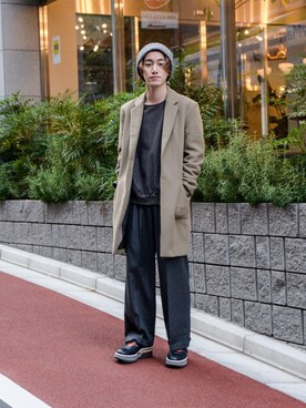 「N.HOOLYWOOD（N.ハリウッド）のアイテム（チェスターコート）」を使った、Haruki Tadaさん（メンズ・170cm）の冬コーディネート