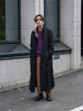 「no brand（ノーブランド）のアイテム（ステンカラーコート）」を使った、Haruki Tadaさん（メンズ・170cm）の冬コーディネート