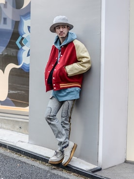 「no brand（ノーブランド）のアイテム（スタジャン）」を使った、Haruki Tadaさん（メンズ・170cm）の冬コーディネート