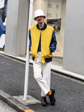 「ホワイトデニム」｜「アイテム（スタジャン）」を使った、Haruki Tadaさん（メンズ・170cm）の春コーディネート