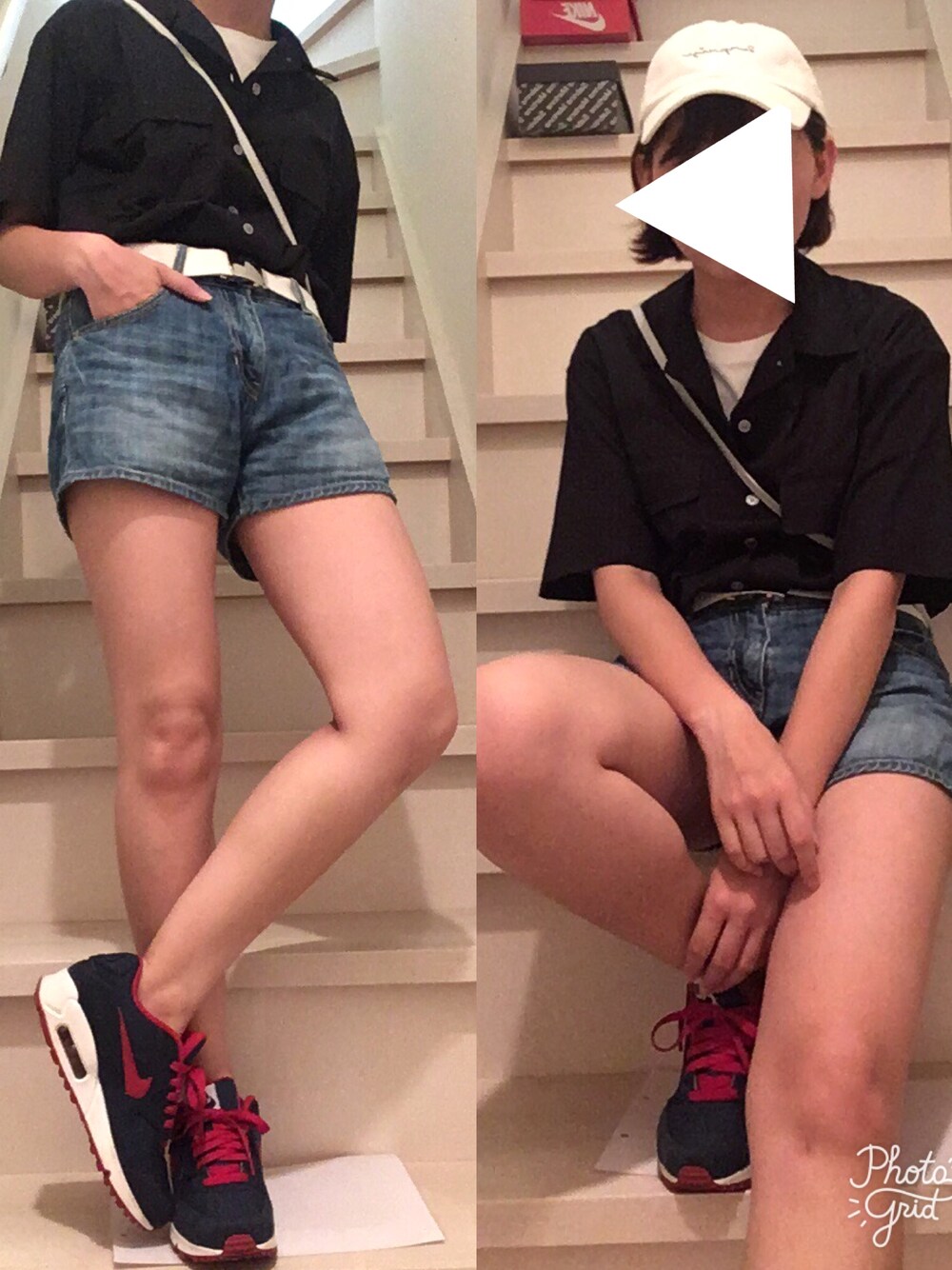 「開襟シャツ、ショートパンツ、シンプルコーデ、休日スタイル、nikeid、ネイビー×レッド」｜「GUのアイテム（シャツ/ブラウス、ブラック系）」を使った、Meeeeeさん（レディース・154cm）の夏コーディネートの1枚目の写真