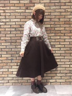 「柄シャツ」｜「アイテム（ハンチング/ベレー帽）」を使った、14+ コピス吉祥寺店 スタッフさん（レディース・152cm）の冬コーディネート