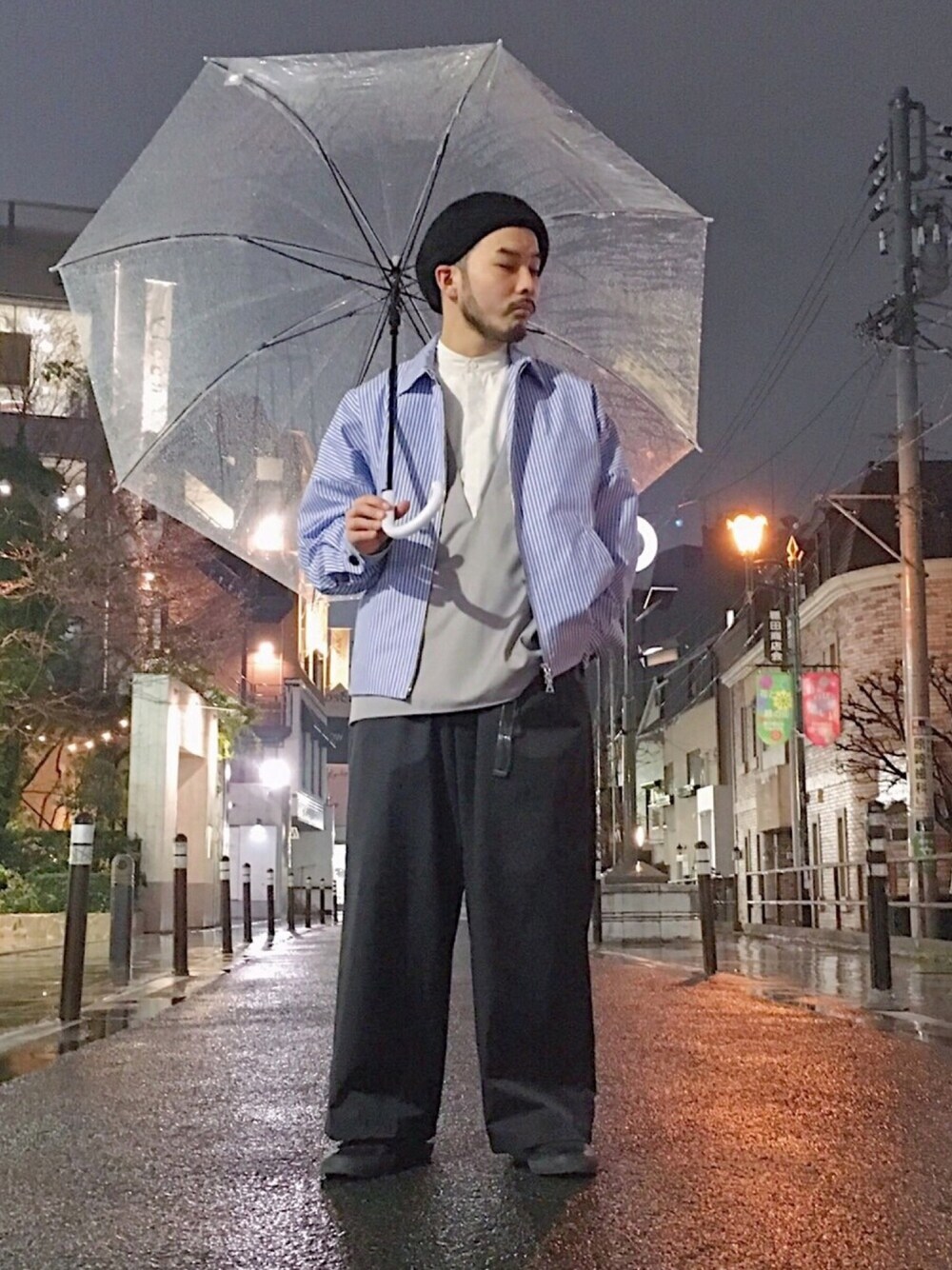 「HARE、ハレ、ストライプ、ドリズラージャケット、Vネック、スタンドカラーシャツ、ワイドパンツ、ブルー、グレー、ベレー帽」｜「HAREのアイテム（ハンチング/ベレー帽、ブラック系）」を使った、Morikawaさん（メンズ・160cm）の春コーディネートの1枚目の写真