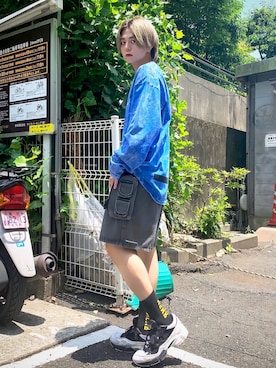 「M0D44のアイテム（Tシャツ/カットソー、ブルー系）」を使った、まさはるさん（170cm）の夏コーディネート