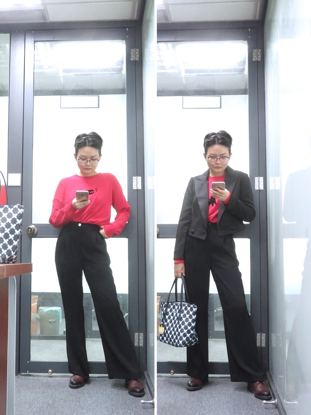 「OL、ootd」｜「agnes b.のアイテム（トップス、レッド系）」を使った、CipherXiaoさん（レディース・163cm）の秋コーディネートの1枚目の写真