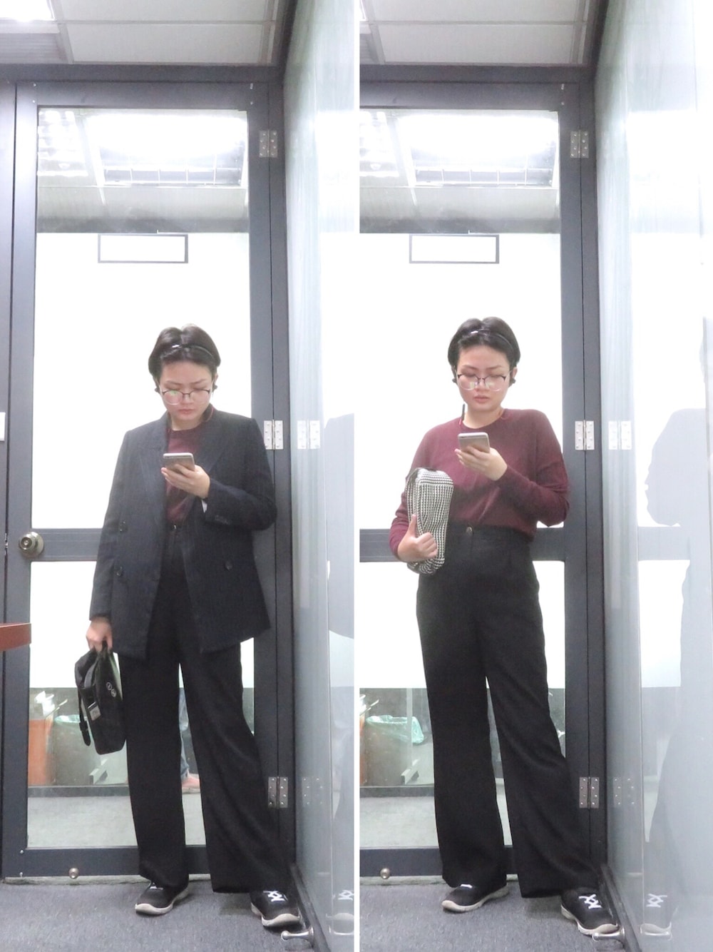 「OL、ootd」｜「Acne Studiosのアイテム（テーラードジャケット、ブルー系）」を使った、CipherXiaoさん（レディース・163cm）の冬コーディネートの1枚目の写真