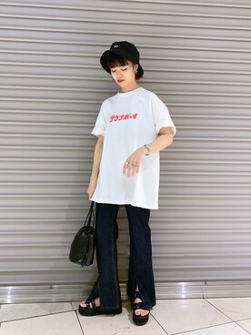 「PBLIM（ページボーイリム）のPAGEBOYLIM/ロゴ刺繍バケットハット2（ハット）」を使った、うえさん（レディース・153cm・20代）の春コーディネート