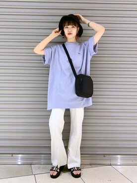 「PBLIM（ページボーイリム）のPAGEBOYLIM/ロゴ刺繍バケットハット2（ハット）」を使った、うえさん（レディース・153cm・20代）の春コーディネート