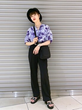 「PBLIM（ページボーイリム）のPAGEBOYLIM/ロゴ刺繍バケットハット2（ハット）」を使った、うえさん（レディース・153cm・20代）の春コーディネート