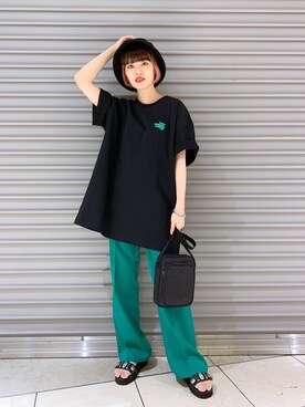 「PBLIM（ページボーイリム）のPAGEBOYLIM/ロゴ刺繍バケットハット2（ハット）」を使った、うえさん（レディース・153cm・20代）の夏コーディネート