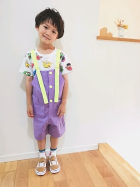 「アイテム（オールインワン・サロペット、パープル系）」を使った、tourinさん（キッズ・110cm）の春コーディネート