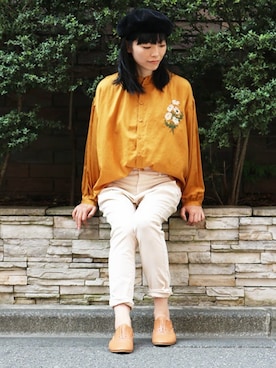「マスタード」｜「アイテム（スリッポン）」を使った、MIYAさん（レディース・162cm）の夏コーディネート