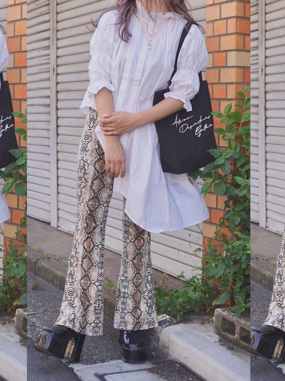 「A.D.G、フレアパンツ、シャツスタイル、シャツ、シャツワンピ、白シャツ、パイソン柄、韓国ファッション、ストリートMIX、春夏コーデ」｜「A.D.GのPython Easy Flare Pants (beige)（その他パンツ、ベージュ系）」を使った、A.D.Gさん（レディース・150cm）の夏コーディネートの1枚目の写真