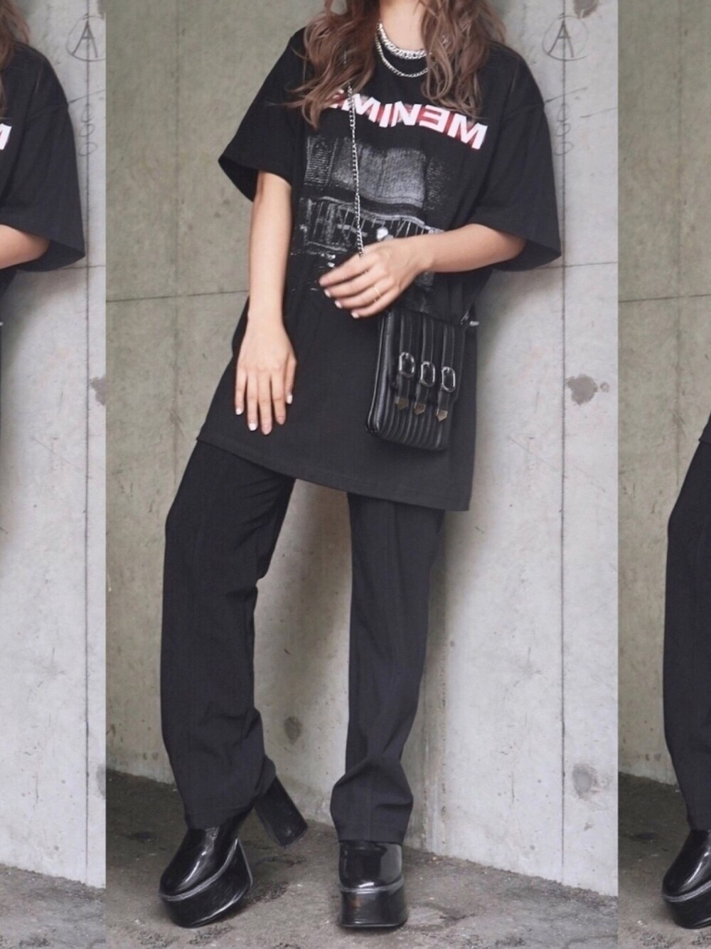 「A.D.G、Tシャツ、ブラック、ブラックコーデ、モノトーン、モノトーンコーデ、黒、黒コーデ、ストリート、韓国ファッション」｜「A.D.Gの"EMINEM" PHOTO PRINT BIG TEE(black)（Tシャツ/カットソー、ブラック系）」を使った、A.D.Gさん（レディース・150cm）の夏コーディネートの1枚目の写真
