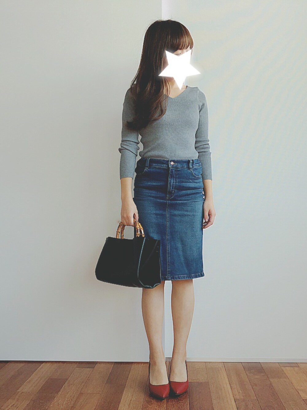 「秋のコーデ、大人カジュアル、ootd、プチプラ、シンプル、パンプス、デニムスカート、UNIQLO」｜「GRLのアイテム（ニット/セーター、グレー系）」を使った、min_min﻿さん（レディース・151cm）の秋コーディネートの1枚目の写真