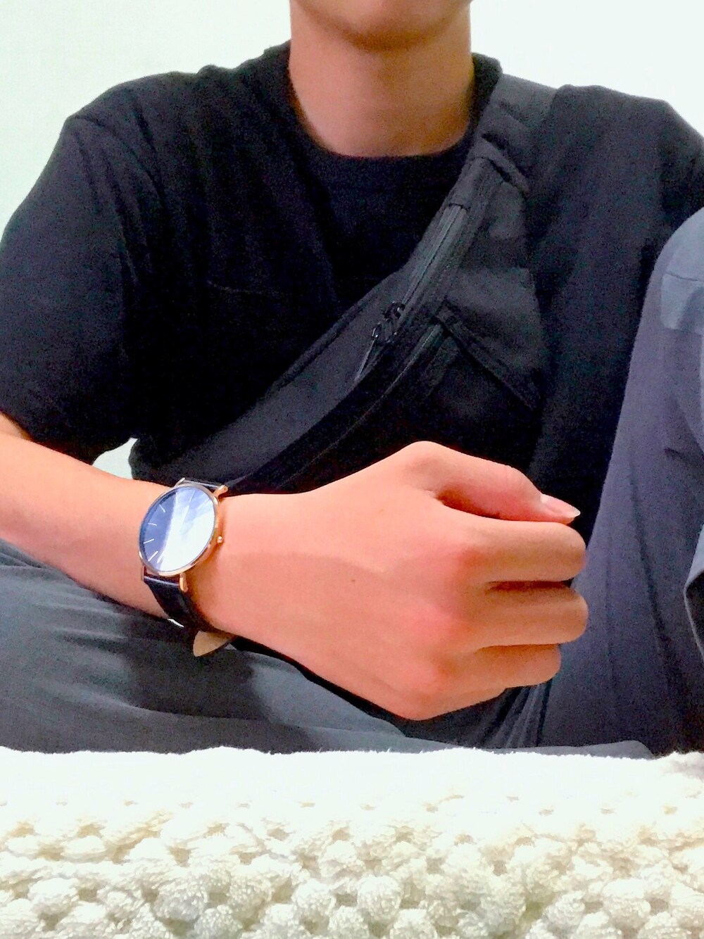 「おうちファッション」｜「Daniel WellingtonのDANIEL WELLINGTON / CLASSIC BLACK レザーベルト/ローズゴールド 36mm▲（アナログ腕時計、ブラック系）」を使った、rinrin06190906さん（メンズ・177cm）の春コーディネートの1枚目の写真