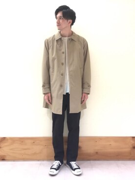 「2021春新作」｜「アイテム（ステンカラーコート）」を使った、ゆうさんさん（メンズ・178cm）の春コーディネート
