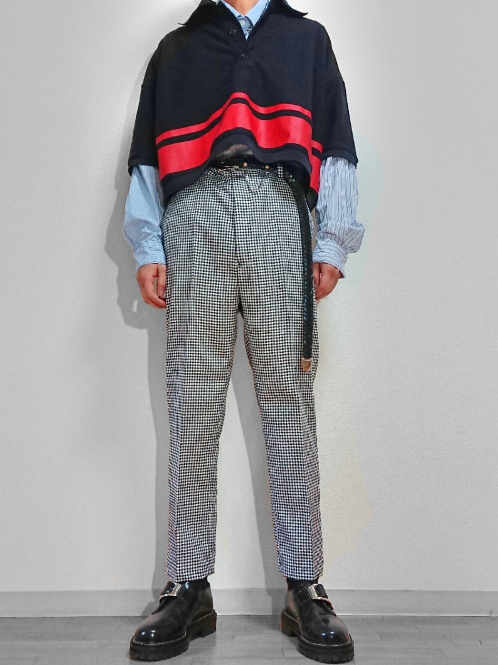 「きれいめカジュアル、おしゃれさんと繋がりたい、neonsign、jieda、soe、kaiko、doublet、チェックパンツ、アシンメトリー、タックイン」｜「neonsignのアイテム（ポロシャツ、その他）」を使った、RINTAROさん（メンズ・168cm）の春コーディネートの1枚目の写真