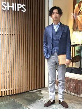 「アイテム（ベスト、ブルー系）」を使った、菅野さん（メンズ・180cm）の春コーディネート