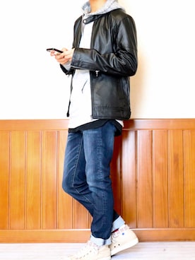 「アイラブCONVERSE」｜「アイテム（ライダースジャケット）」を使った、きょし✓さん（メンズ・172cm）の冬コーディネート