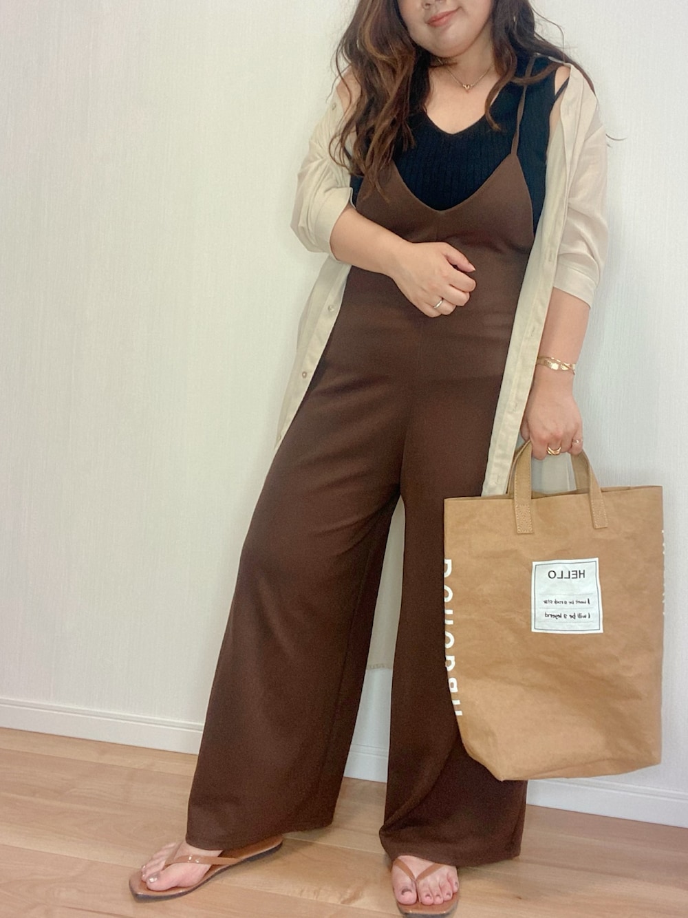 「DONOBAN、サロペット、ビーチサンダル、ペーパーバッグ、シアーシャツ、バンドカラーシャツ、しまむら、ぽっちゃり、ぽっちゃりコーデ、youtube」｜「GUのアイテム（タンクトップ、ブラック系）」を使った、あぶーた★さん（レディース・154cm）の夏コーディネートの1枚目の写真