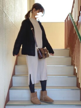 「GLOBAL WORK（グローバルワーク）の袖ケーブルハイネックニットワンピース/864609（ワンピース、ベージュ系）」を使った、ハルさん（レディース・157cm）の冬コーディネート