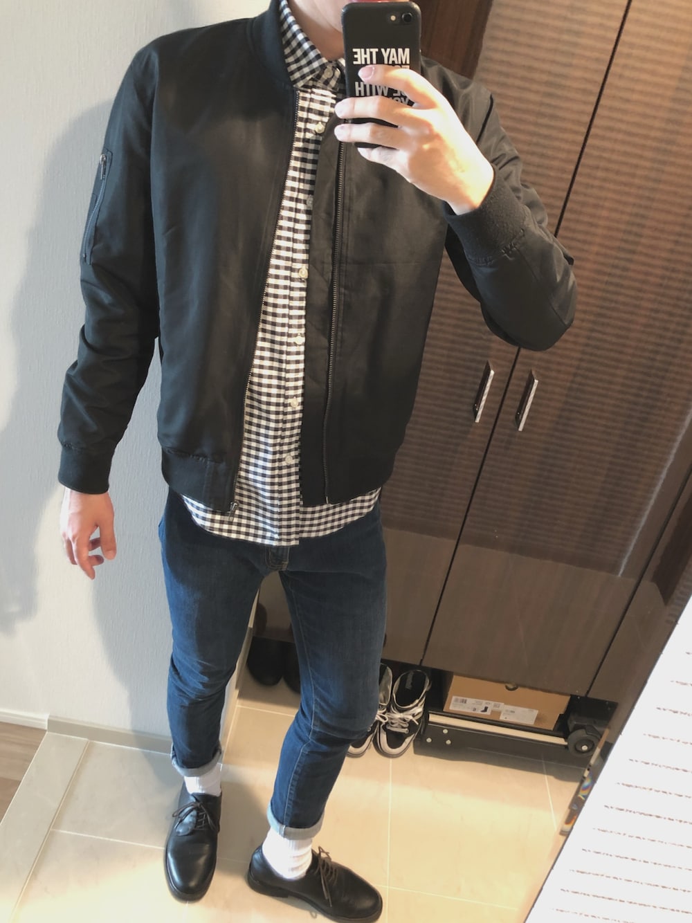 「連投、MA-1、スキニーデニム、ギンカムチェック、黒、おしゃれさんと繋がりたい、いいね、save、フォローお願いします🤑、きれいめカジュアル、秋コーデ」｜「CIAOPANIC TYPYの【WEB限定】タスランMA-1ブルゾン（MA-1、ブラック系）」を使った、shoさん（メンズ・178cm）の秋コーディネートの1枚目の写真
