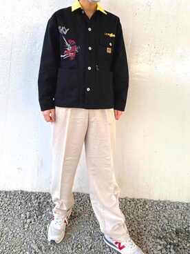 「Left Aloneのアイテム（デニムジャケット、ブラック系）」を使った、fourierさん（メンズ）の春コーディネート