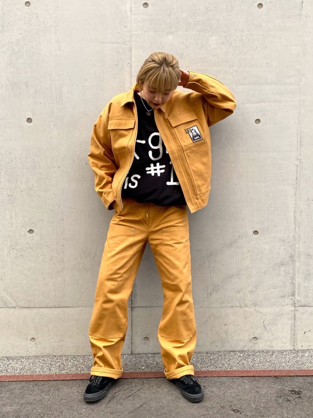「x-girl、私の推しブランド、VANS、セットアップ、ブラウン色に染まれ、ストリート、ワーク、ダック地、おしゃれさんと繋がりたい」｜「X-girlのDUCK WORK JACKET（ブルゾン、ブラウン系）」を使った、平野萌さん（レディース・166cm）の冬コーディネートの1枚目の写真