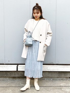 「水色」｜「アイテム（ノーカラージャケット）」を使った、まりおさん（レディース・166cm）の春コーディネート