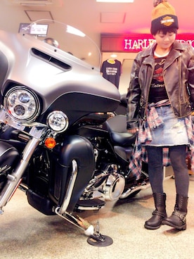「ハーレーダビッドソン」｜「アイテム（ライダースジャケット）」を使った、hakkaさん（レディース・152cm）の冬コーディネート