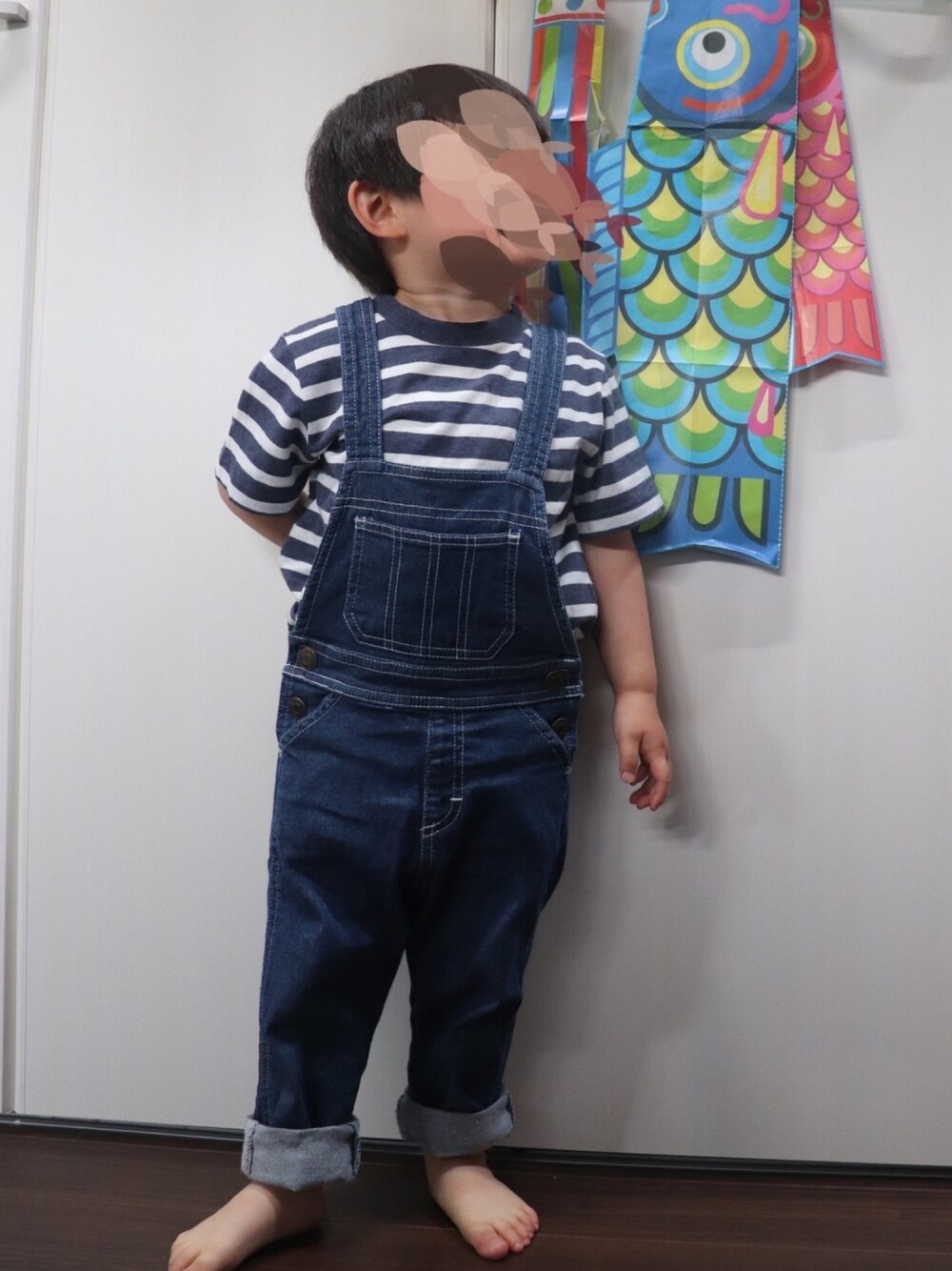 「男の子、キッズコーデ、プチプラ、こどもの日、サロペット、ボーダー」｜「西松屋のアイテム（オールインワン・サロペット、ブルー系）」を使った、mi＊さん（キッズ・80cm）の春コーディネートの1枚目の写真