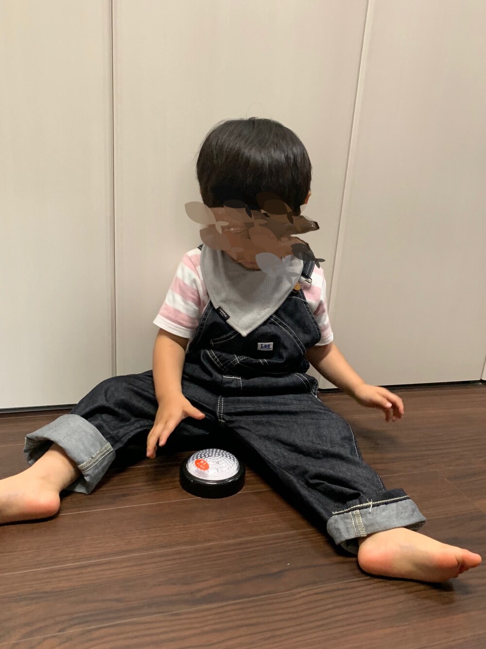「カジュアル、キッズコーデ、オーバーオール、2歳、男の子、ボーダー、ピンク」｜「LeeのLee/リー キッズ ワークオーバーオール【100-160cm】（サロペット/オーバーオール、ブルー系）」を使った、mi＊さん（キッズ・90cm）の夏コーディネートの1枚目の写真