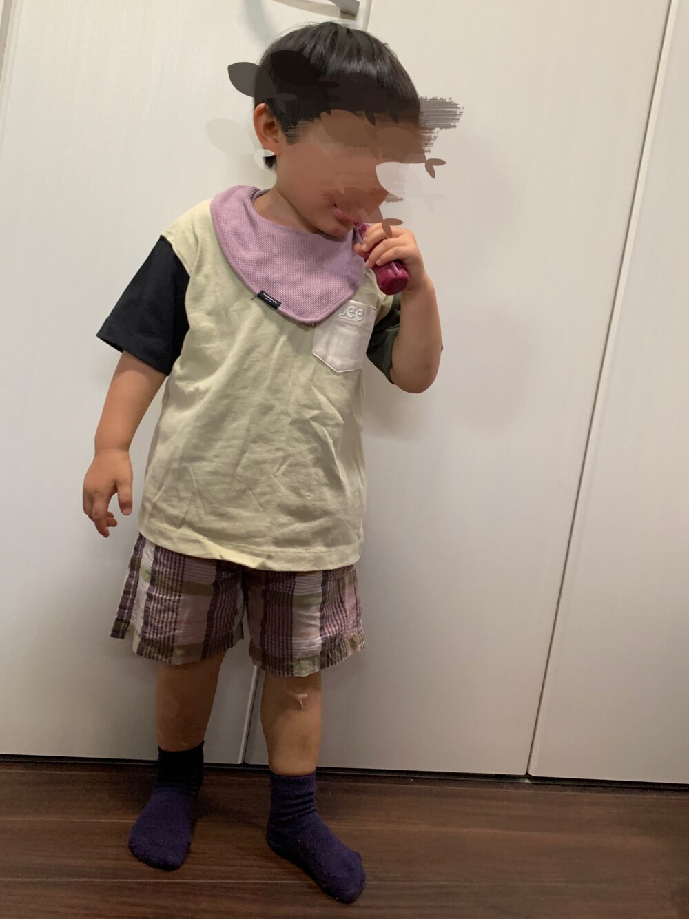 「夏コーデ、キッズコーデ、シンプル、2歳、パープル、チェック、Tシャツ、カジュアル」｜「Leeの【WEB限定】Lee/ リー KIDS 半そで マルチ Tシャツ（Tシャツ/カットソー、ベージュ系）」を使った、mi＊さん（キッズ・90cm）の夏コーディネートの1枚目の写真