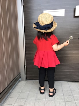 「quoti use fith（クゥオティ　ユース　フィス）の天竺　ランダムタックＴシャツ（Tシャツ/カットソー、レッド系）」を使った、IROさん（キッズ）の夏コーディネート