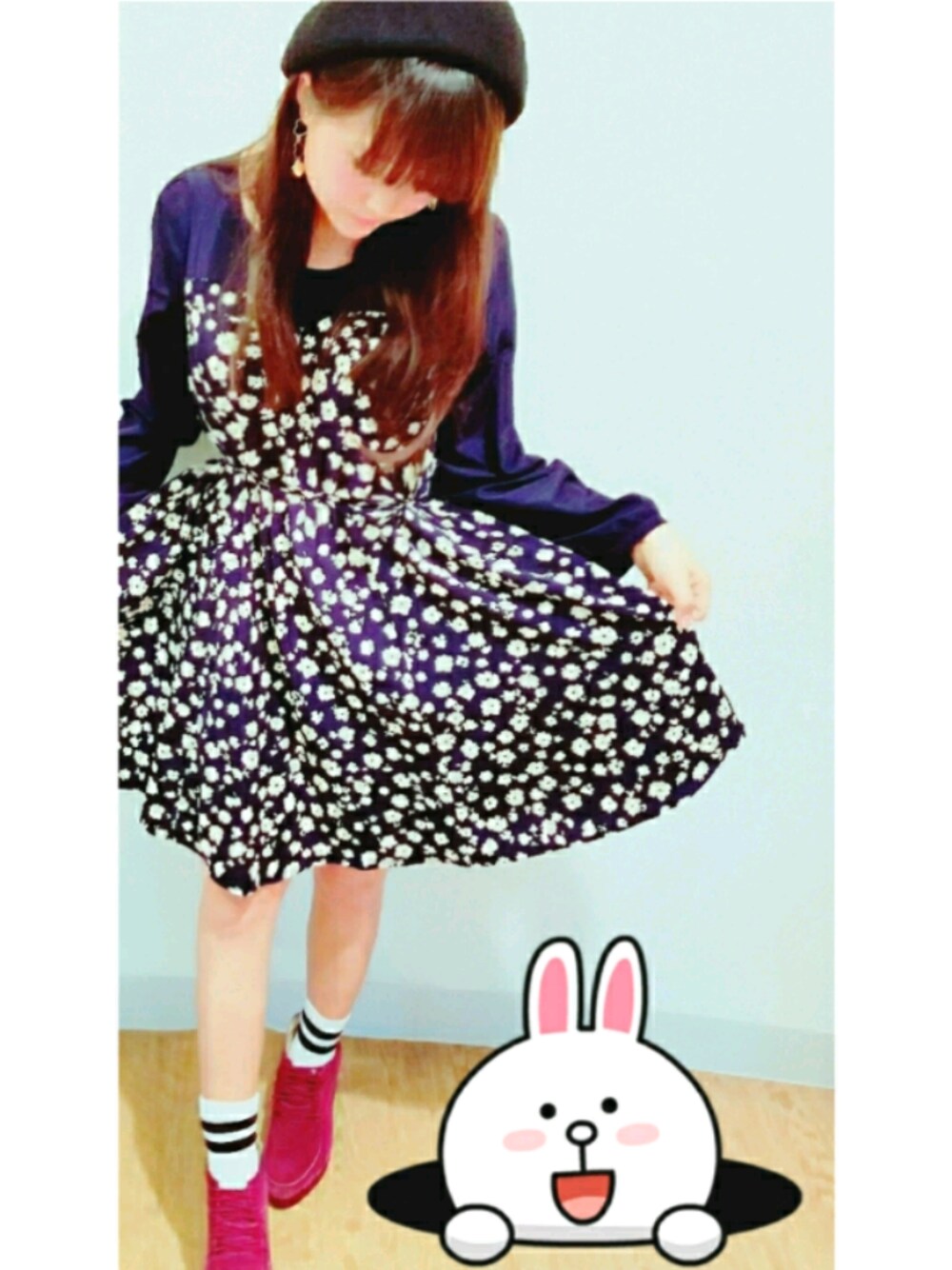 「おしゃれさんと繋がりたい、オトナ女子、大人ガーリー、古着MIX、JK、ワンピース、春コーデ、花柄、激安コーデ、ベレー帽」｜「WEGOのWEGO/パイピングベレー帽（ハンチング/ベレー帽、ブラック系）」を使った、うらぴーさん（レディース・151cm）の春コーディネートの1枚目の写真
