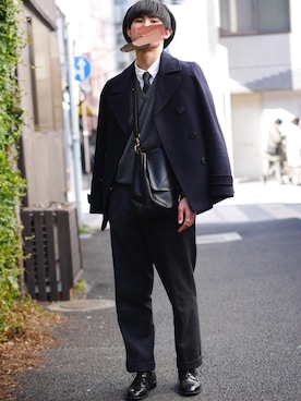 「Pコート」｜「アイテム（ハンチング/ベレー帽）」を使った、さきさん（メンズ・178cm）の冬コーディネート