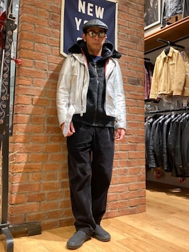 「ハンチング」｜「アイテム（スリッポン）」を使った、総料理長（schottのイケオジ）さん（メンズ・170cm）の冬コーディネート
