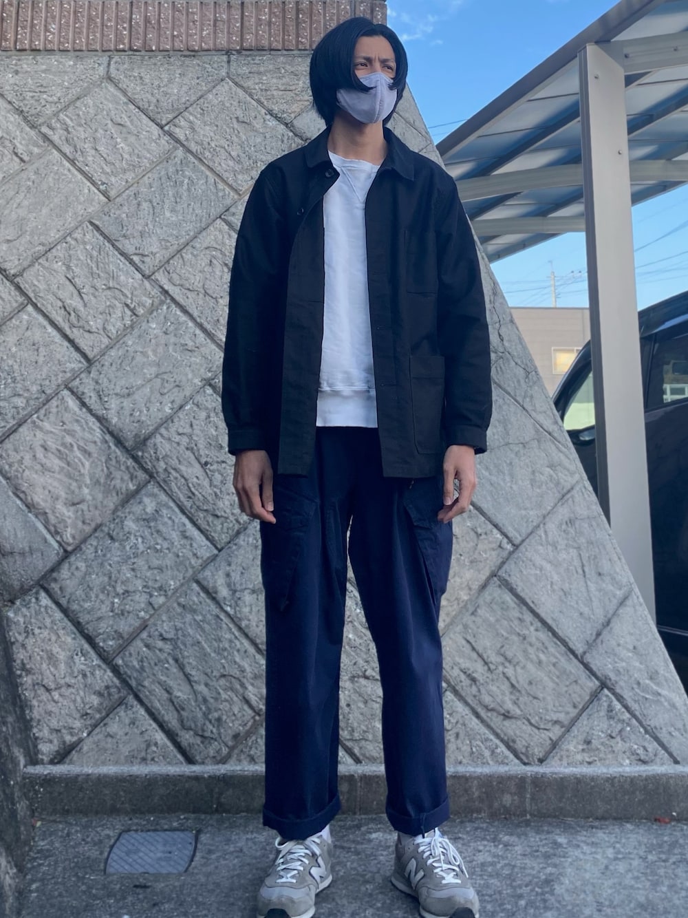 「いいね、save、フォローお願いします🤑、ワーク、カーゴパンツ、モールスキン、ロイヤルネイビー」｜「Le Sans Pareilの【Le sans Pareil/ル サン パレイユ】CTN MS TRADTIONAL COVERALL　homme(メンズ）1193-CMU2502　ADS（カバーオール、ブラック系）」を使った、SHINJOさん（メンズ・174cm）の冬コーディネートの1枚目の写真