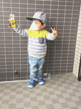 「abcd（ナシ）のアイテム（キャップ）」を使った、yuiatsuさん（キッズ・90cm）の冬コーディネート