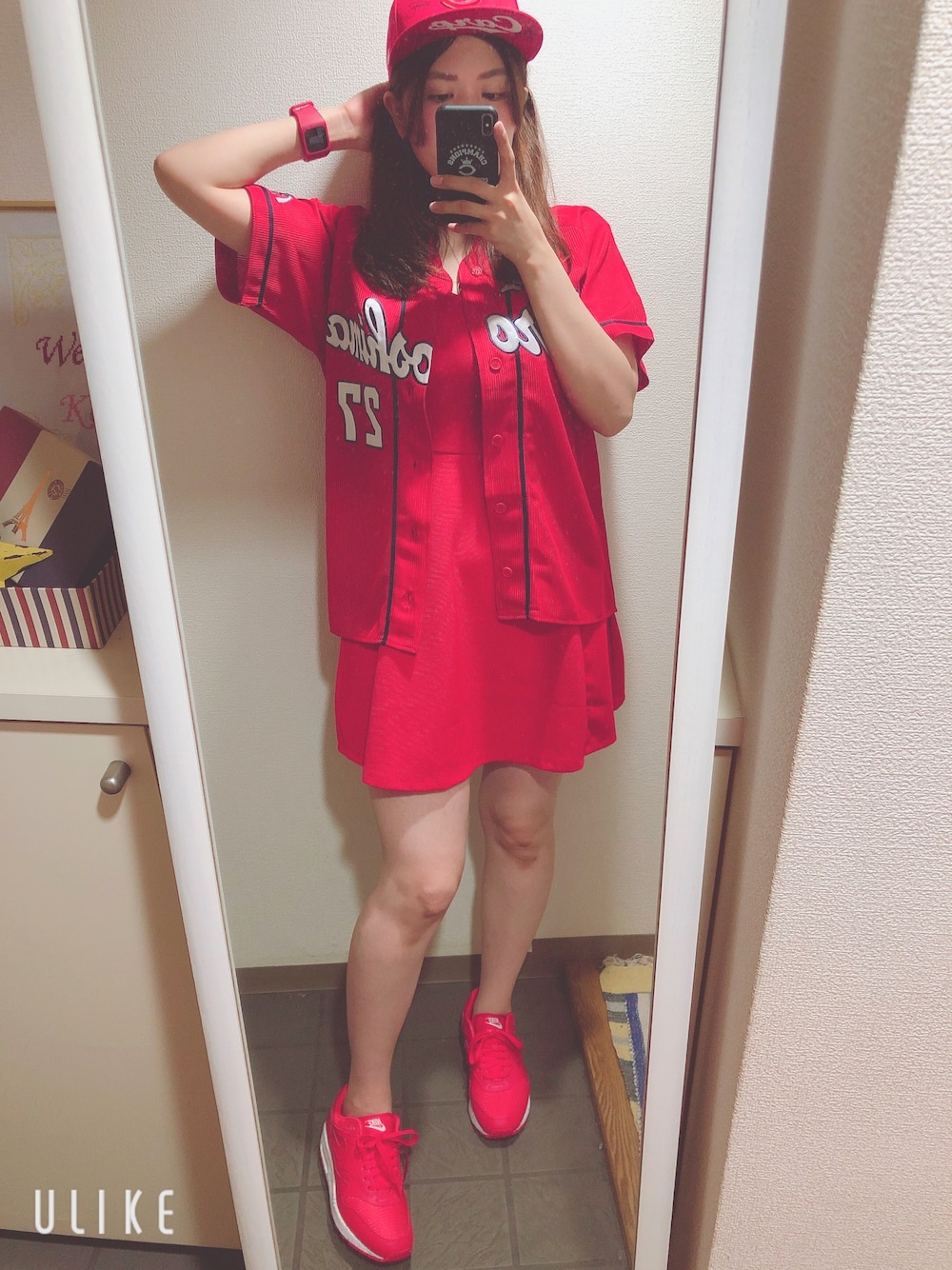 「野球観戦、カープ女子、カープ、真っ赤」｜「H&Mのアイテム（ワンピース、レッド系）」を使った、えりたさん（レディース・167cm）の夏コーディネートの1枚目の写真